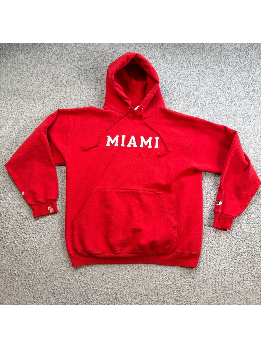 Vintage 90s Champion Miami University RedHawks Hoodie Red Spellout Men’s L